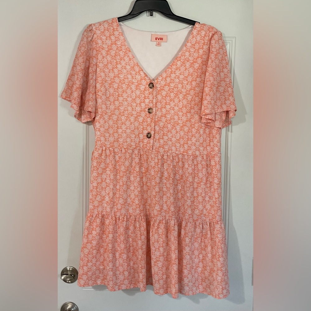 EVRI Orange Floral Button Front Tiered Dress 1X Lined Spring Wedding Guest